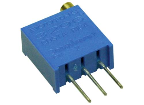 Blauwe elektronische weerstand met drie metalen pinnen, van Bourns, modelnummer 3296, gefabriceerd in Costa Rica.