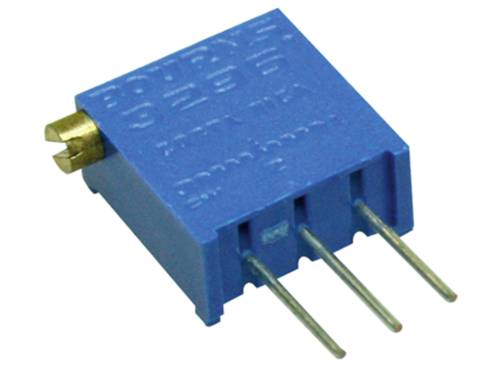 Blauwe, rechthoekige elektrische trimmer met drie metalen pinnen en een gele schroefmechanisme, voor nauwkeurige afstelling van elektronische schakelingen.