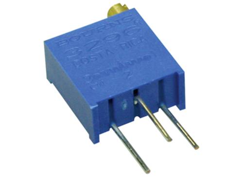 Kleine blauwe trimmer-potentiometer met drie pinnen en een messing stelschroef voor het aanpassen van de weerstand in elektrische schakelingen.