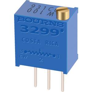 Blauwe Bourns 3299 potentiometer met drie pinnen en gouden schroef, vervaardigd in Costa Rica.