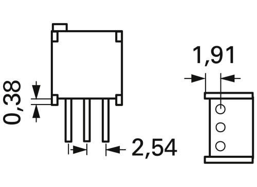 Technische tekening van een elektronisch onderdeel met drie aansluitpennen. Afmetingen: 0,38 mm, 2,54 mm, 1,91 mm.