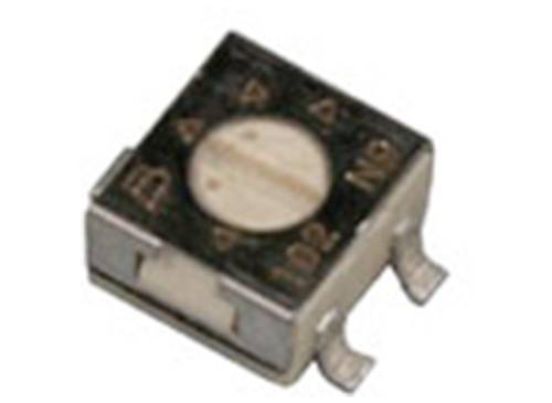 Een SMD-trimmer potentiometer. Vierkante, zilveren behuizing met twee aansluitingen en een instelbaar weerstandselement.
