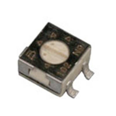 Een SMD-trimmer potentiometer. Vierkante, zilveren behuizing met twee aansluitingen en een instelbaar weerstandselement.