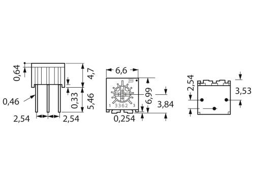 Diagram van een elektronisch onderdeel met afmetingen in millimeters: hoogte 6,6, breedte 6,99, diepte 3,84. Steekcontactafstand: 2,54.