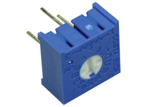 Een blauwe, rechthoekige trimpotentiometer met drie metalen pinnen; opschrift zichtbaar aan de zijkant.
