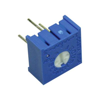 Een blauwe, rechthoekige trimpotentiometer met drie metalen pinnen; opschrift zichtbaar aan de zijkant.