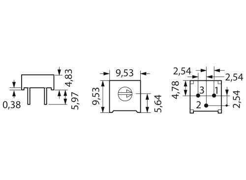 Technische tekening van een elektronisch onderdeel met drie aanzichten: zijaanzicht, vooraanzicht en bovenaanzicht met afmetingen.