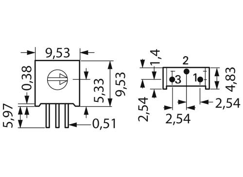 Elektronisch onderdeel met afmetingen: hoogte 5,97 mm, breedte 9,53 mm. Aansluitingen onderaan. Diagram toont gedetailleerde maatspecificaties.