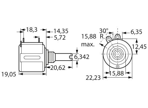 Technische tekening van een elektrisch onderdeel met maatvoering in millimeters. Zijaanzicht links en bovenaanzicht rechts.