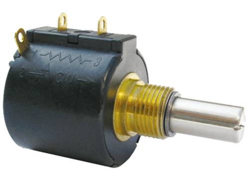Zwarte draaipotmeter met drie aansluitpennen en een goudkleurige schroefdraad. Gebruikt voor weerstandsregeling in elektronische schakelingen.