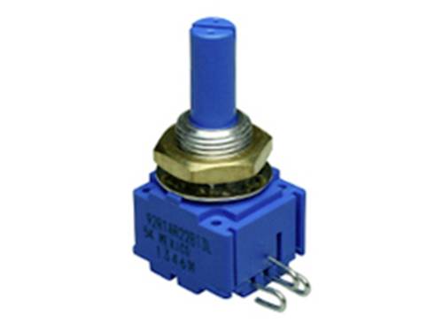 Een blauwe draaipotentiometer met drie aansluitpennen en een metalen schroefdraad voor bevestiging, tegen een witte achtergrond.