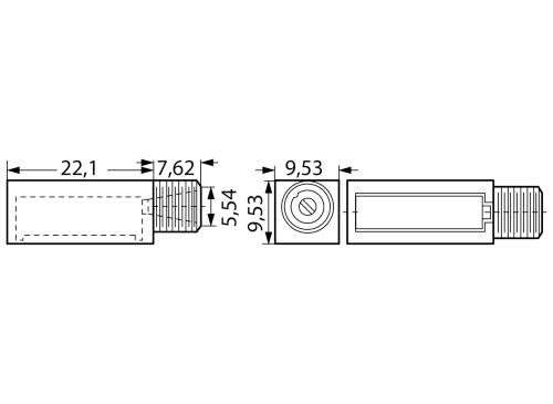 'Technische tekening van een cilindrisch onderdeel met afmetingen: lengte 22,1 mm, diameter 7,62 mm, breedte 9,53 mm, hoogte 5,54 mm.'