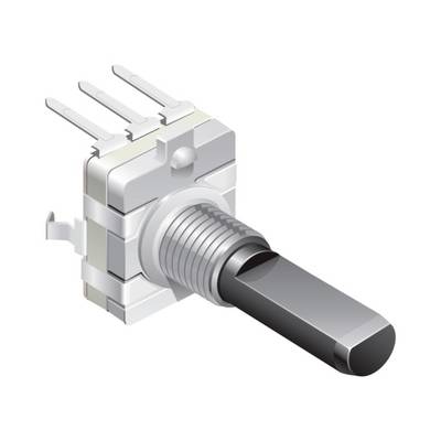 Een zilveren draaiencoder met drie aansluitpinnen en een lange as, vaak gebruikt in elektronische apparaten voor data-invoer.