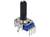 Een elektrische encoder met een blauwe behuizing, metalen bevestiging en vier aansluitpennen. Gebruikt voor nauwkeurige positiemetingen.