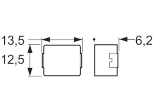 'Tekening van een rechthoekig object met afmetingen 13,5x12,5x6,2 mm, vooraanzicht en zijaanzicht.'