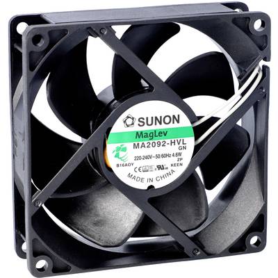 Een zwarte computerventilator van het merk Sunon, model MA2092-HVL, 220-240V, 50/60 Hz, 4,6W, met opschrift 'Made in China'.