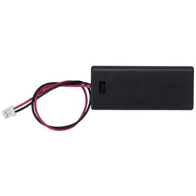 Zwart batterijbehuizing met tuimelschakelaar, twee aangesloten kabels in rood en zwart, eindigend in een witte stekker.