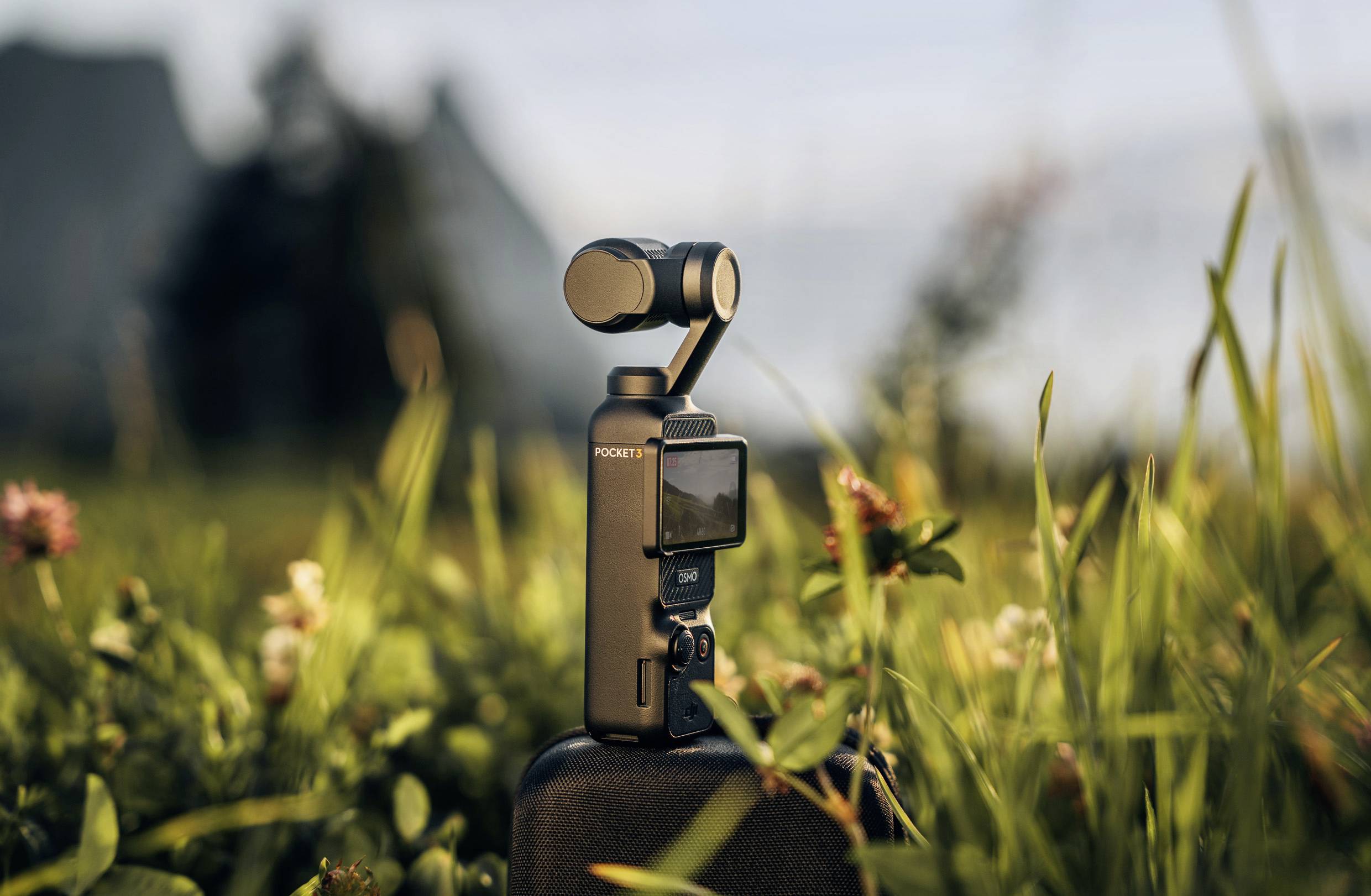 Een compacte handcamera staat op een rots te midden van grassen en bloemen, met een onscherpe achtergrond van bergen in het zonlicht.