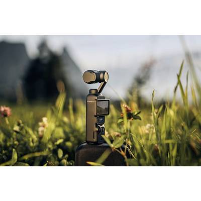 Een compacte handcamera staat op een rots te midden van grassen en bloemen, met een onscherpe achtergrond van bergen in het zonlicht.