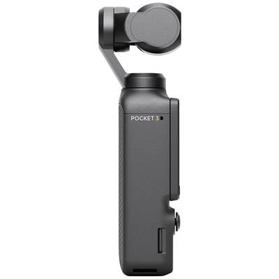 Een compacte, zwarte handcamera met een beweeglijk hoofd. Op de zijkant staat 'Pocket 3'. Geschikt voor mobiele opnamen.