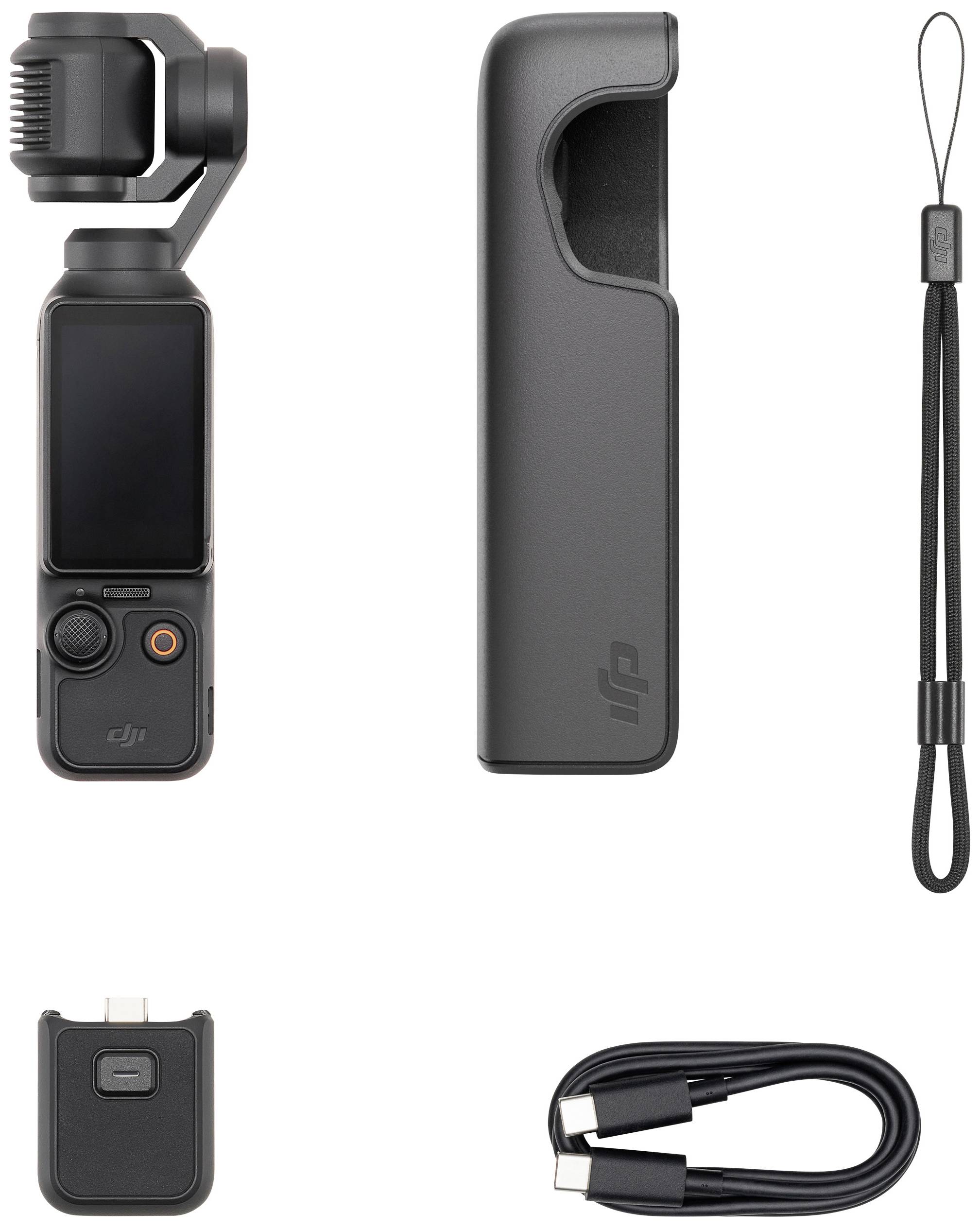Compacte camera met gimbal en display, inclusief toebehoren: draagtas, polsbandje, adapter en USB-C-kabel. Ideaal voor mobiele opnames.