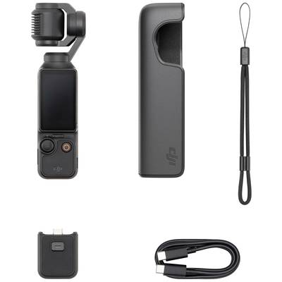 Compacte camera met gimbal en display, inclusief toebehoren: draagtas, polsbandje, adapter en USB-C-kabel. Ideaal voor mobiele opnames.