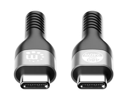 Twee USB-C-stekkers, linker stekker met '100W' en rechter stekker met '240W', beide zwart-zilver, voor verschillende vermogens.