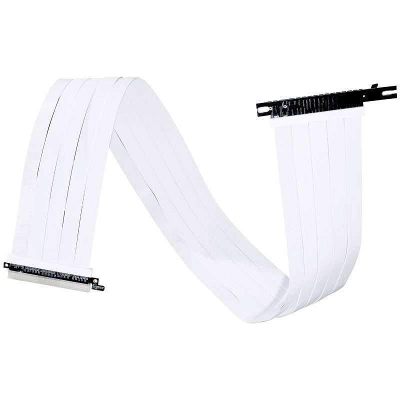 Wit plat lint-kabel met twee zwarte stekkerverbindingen aan de uiteinden, die worden gebruikt voor elektronische verbindingen in apparaten.