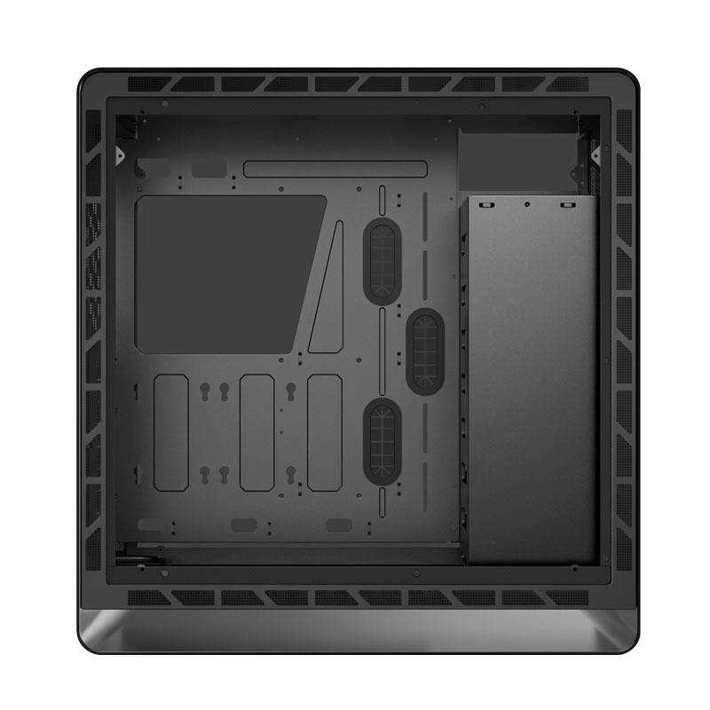 Een leeg computerbehuizing met zwarte wanden en ventilatieopeningen, klaar voor de installatie van hardwarecomponenten.