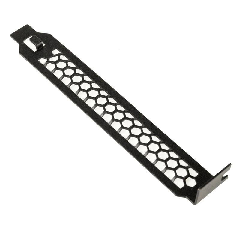 Zwart metalen element met zeshoekige gaten, waarschijnlijk een ventilatierooster voor computerbehuizingen, gezien van opzij.