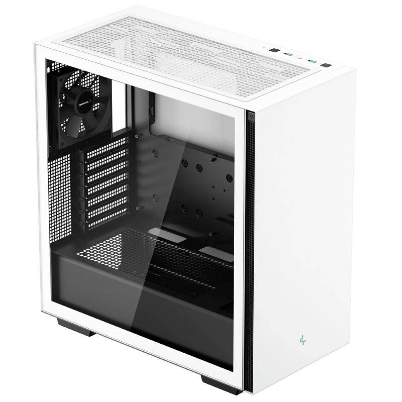 Wit pc-behuizing met glazen zijpaneel en meerdere ventilatieopeningen. Geschikt voor het samenstellen van een gepersonaliseerde computer.