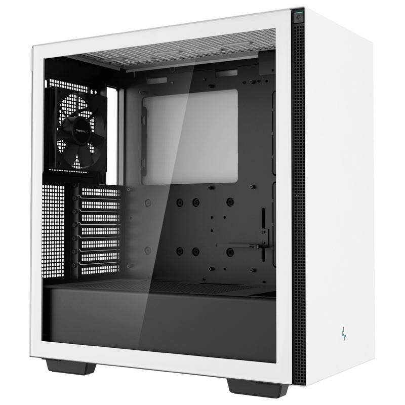 Een wit computerbehuizing met een transparant zijpaneel. Van binnen is er ruimte voor componenten, met een gemonteerde ventilator aan de achterkant.