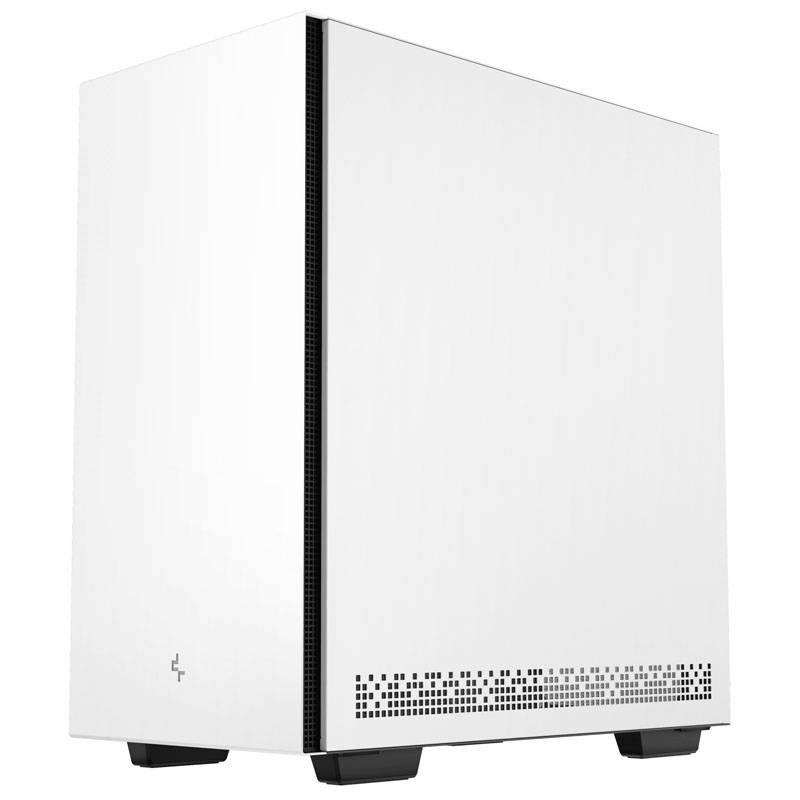 Een wit computerbehuizing met een zwart ventilatieraster aan de voorkant en een zwarte onderrand op een zwarte achtergrond.