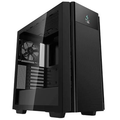 Zwart computerbehuizing met transparant zijpaneel. Zichtbare ventilatoren en verlicht display aan de voorkant. Geschikt voor gaming.