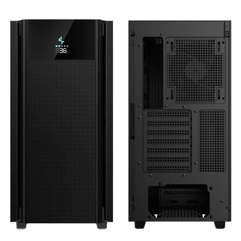 Twee zwarte computerbehuizingen: De linker toont de voorkant met een digitaal display; de rechter toont de achterkant met ventilatiesleuven.