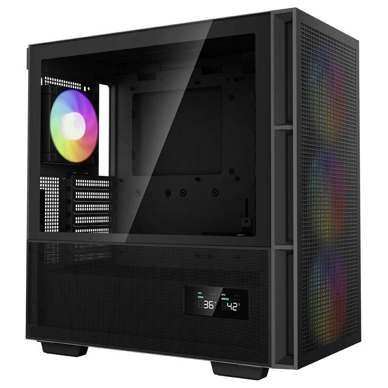 Zwart pc-behuizing met transparant zijpaneel toont ventilator met RGB-verlichting en temperatuurweergave aan de voorkant.