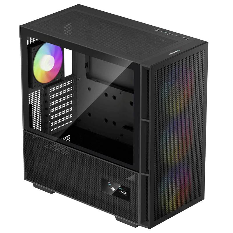 Zwart computerbehuizing met transparante zijpanelen, RGB-ventilatoren en een digitaal temperatuurdisplay aan de voorkant.