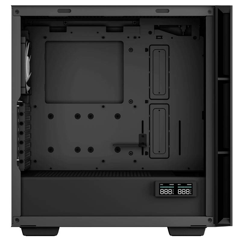 Een lege, zwarte computerbehuizing met zichtbare ventilatoren en kabelopeningen, klaar voor de installatie van computerhardware.