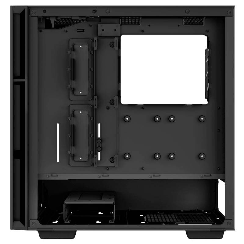 Zwart computerbehuizing met open binnenkant, toont montageruimtes voor harde schijven en moederbord, geschikt voor pc-assemblage.