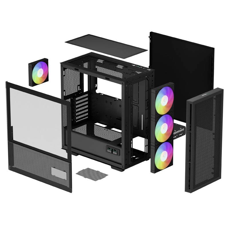Computerbehuizing in explosietekening. Front- en zijpanelen zijn verwijderd om RGB-ventilatoren en interne structuur te tonen.