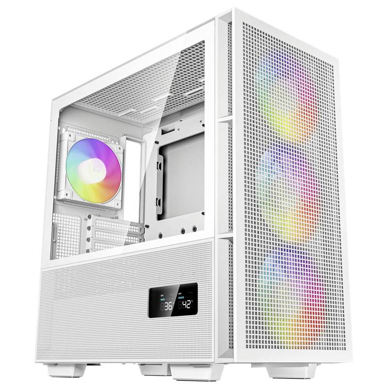 Wit computerbehuizing met een zijraam, toont kleurrijke ventilators en een digitaal display. Geschikt voor gaming-setups.