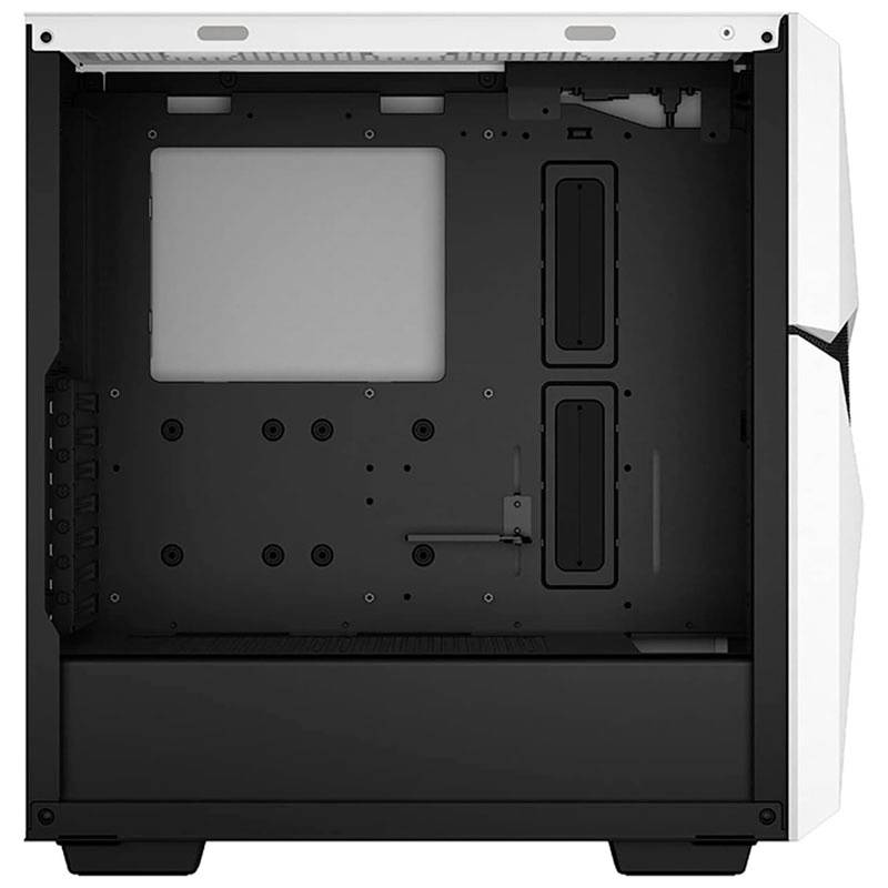 Een lege pc-behuizing in zwart en wit, met een zijraam, kabelmanagement-openingen en ruimte voor drives en componenten.