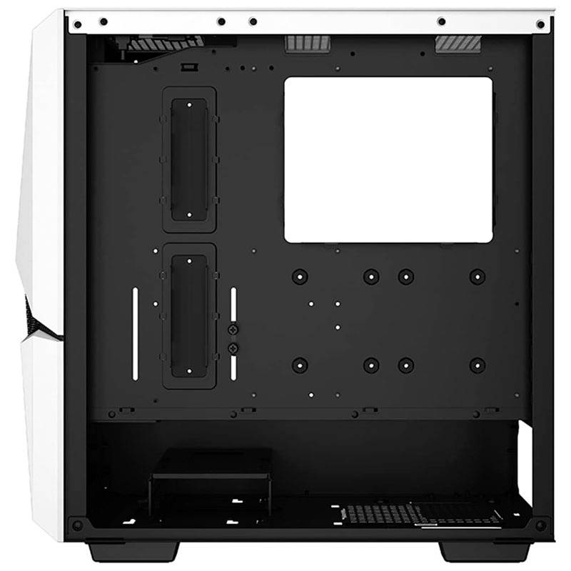 Zwart pc-behuizing met witte buitenkant, open ontwerp toont ruimtes voor moederbord en andere componenten, neutrale verlichting.
