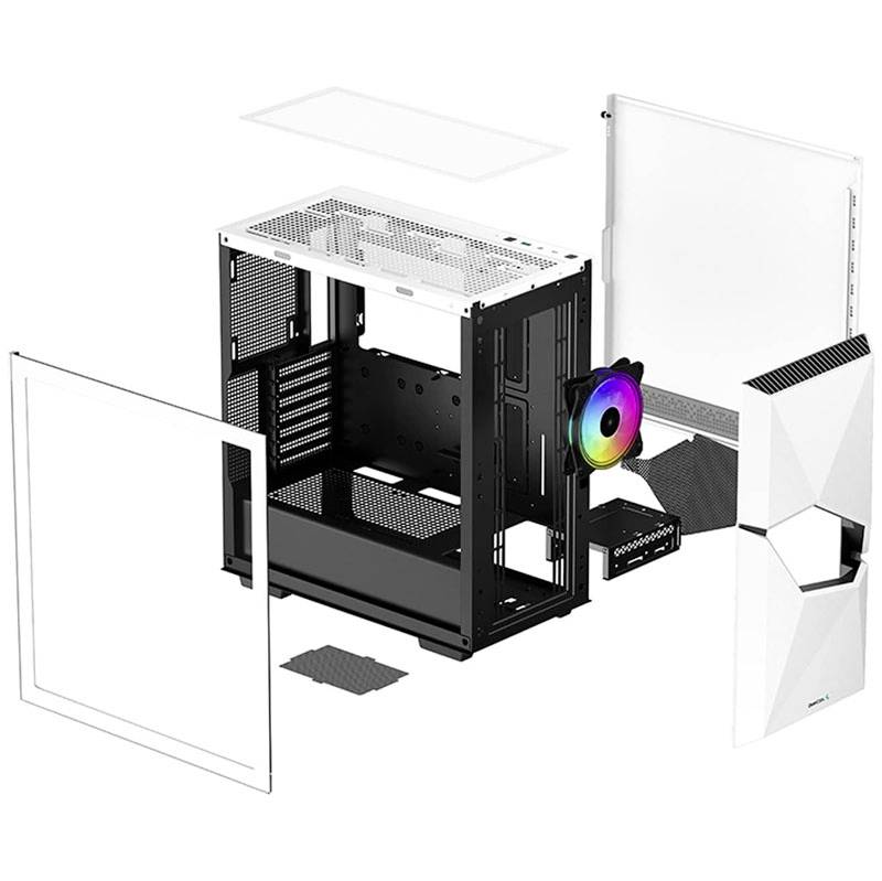 Gedemonteerd pc-behuizing met frontplaat, meerdere zijpanelen, RGB-ventilator en mesh-afdekking, toont constructie en componenten.
