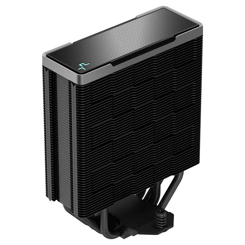 Zwarte computerheatsink met rechthoekige vorm en verticale lamellen, geschikt voor warmteafvoer in pc's.