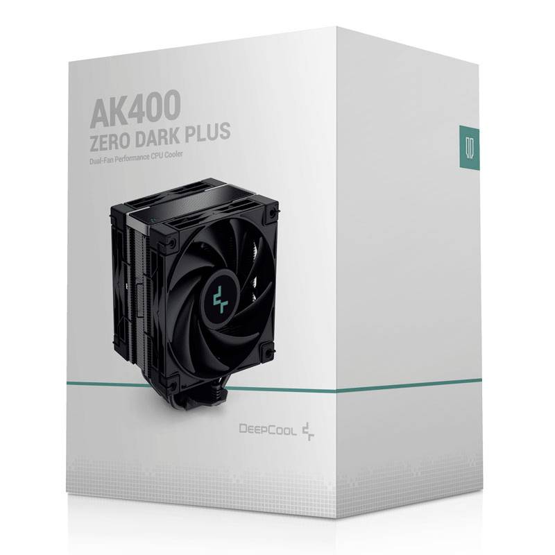 Een verpakking van de AK400 Zero Dark Plus CPU-koeler van DeepCool. Toont de productafbeelding en benadrukt de prestaties van de dubbele ventilator.