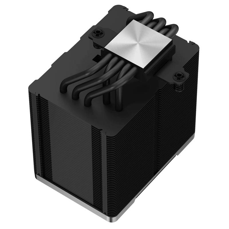 Zwarte heatsink met meerdere heatpipes en monteerbare metalen plaat, bedoeld voor koeling van elektronische componenten.