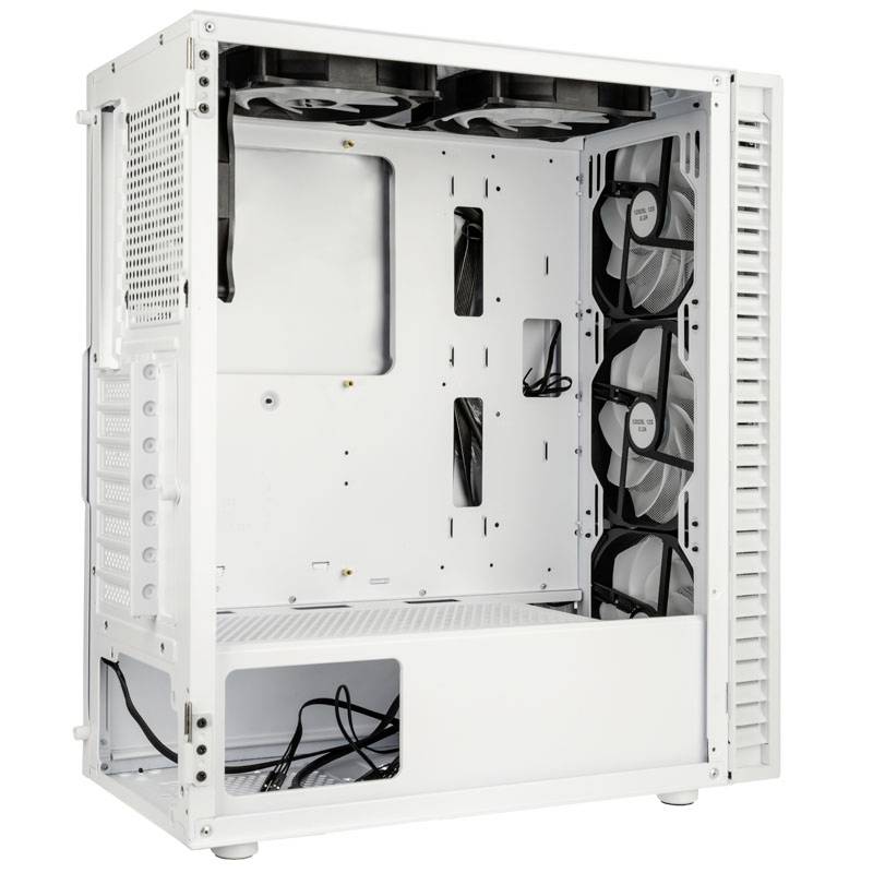 Een wit computerbehuizing met meerdere ventilatoren, open binnenruimte, geschikt voor moederborden, met kabelmanagement-opties.