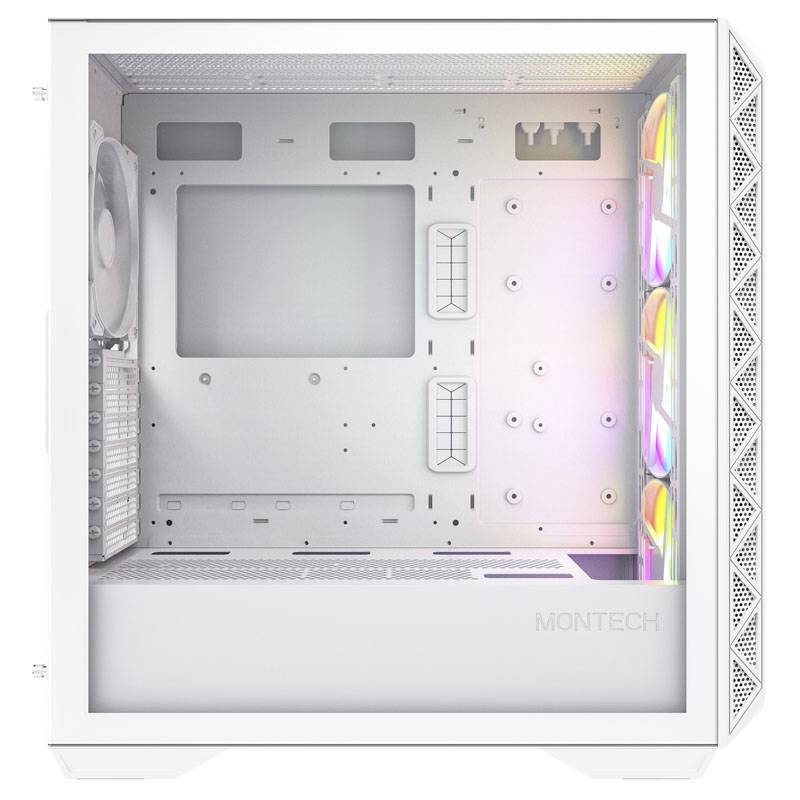 Wit pc-behuizing met ventilatoren aan de rechterkant. Binnenruimte leeg, klaar voor componenteninstallatie. LED-verlichting in regenboogkleuren.