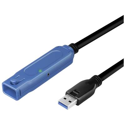 Blauw USB 3.0-verlengkabel met mannelijke en vrouwelijke aansluiting, zwart kabel, geschikt voor het verbinden of verlengen van apparaten.